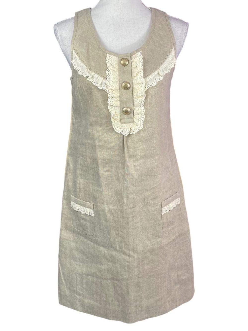 Juicy Couture Linen Dress 6 Crochet Lace Trim Pinafore Short Sleeveless Shift